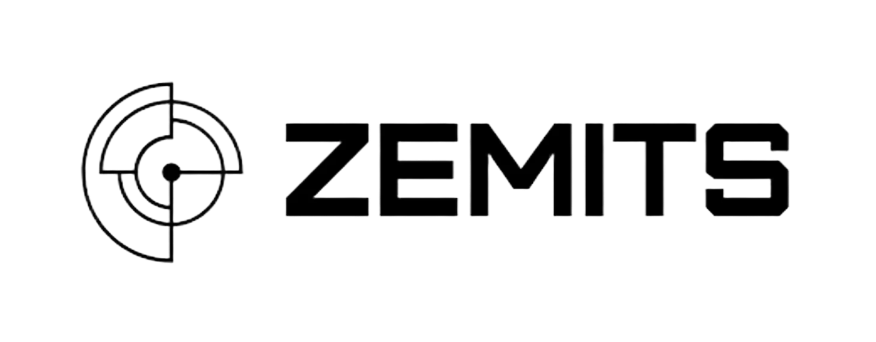 Zemits logo with circular target design and stylized text on black background.