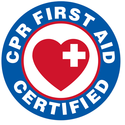 A circular badge with a blue outer ring and white text that says 'CPR FIRST AID CERTIFIED' around a red heart with a white medical cross in the center.