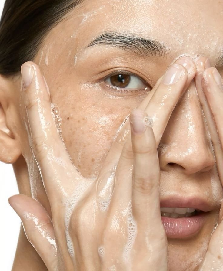 Close-up of a person washing their face with soap or foam, with water and bubbles visible on the skin.