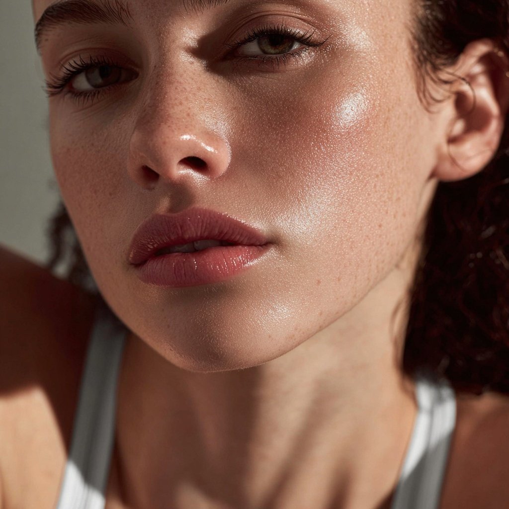 Close-up of a young woman's face with light skin, freckles, and brown hair, showing her eyes, nose, and lips.