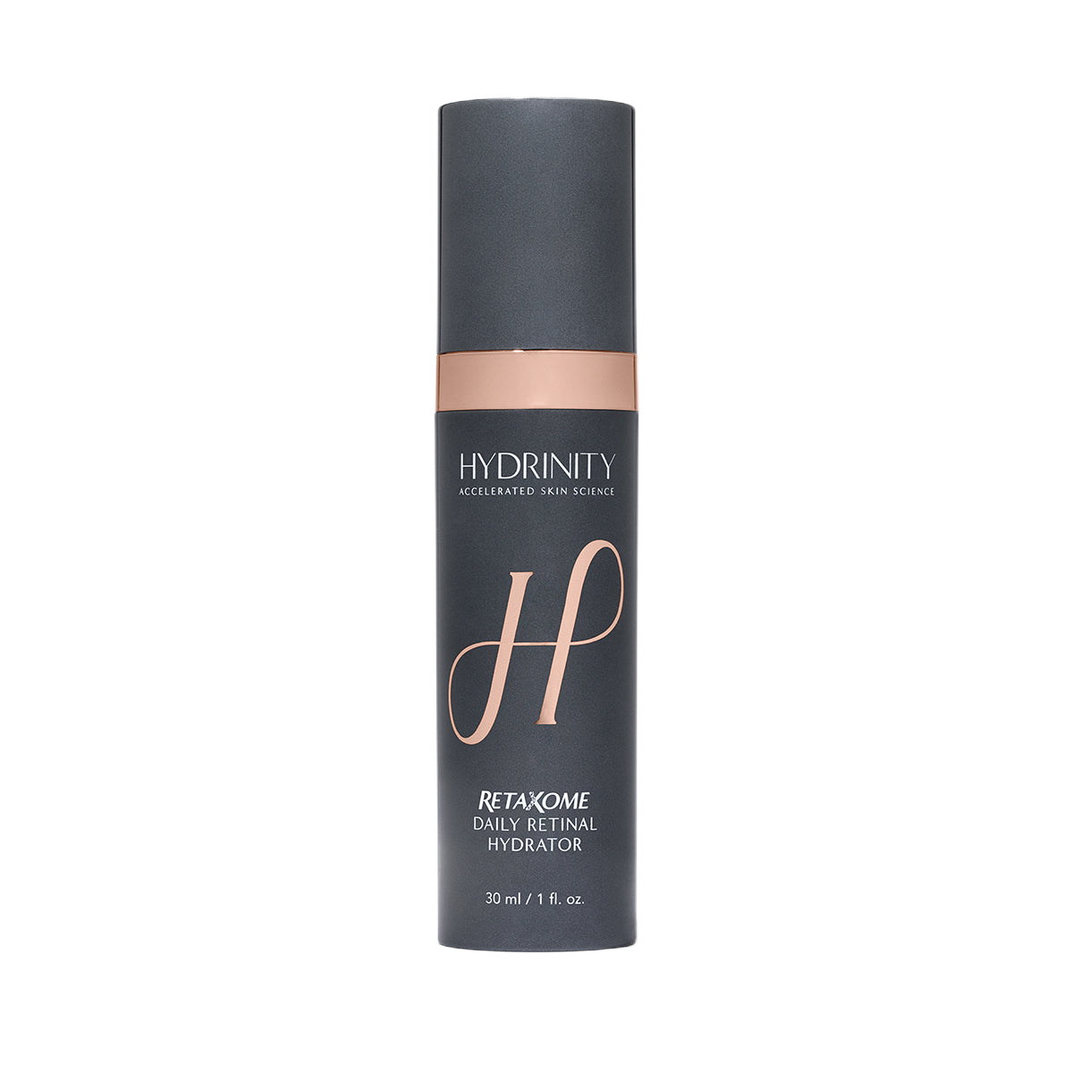 Dark gray cylindrical bottle of Hydrinity Retaxome Daily Retinal Hydrator with a pink stripe and a large stylized pink 'H' on the front.