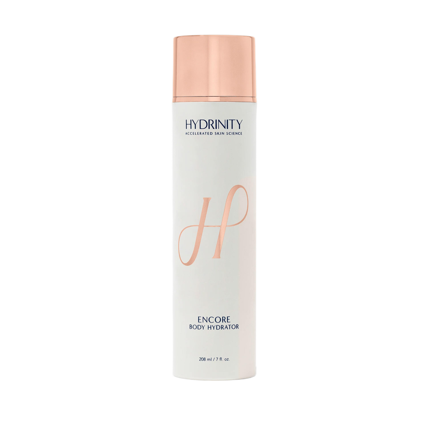 A white and pink bottle of Hydrinity Encore Body Hydrator with a pink cap.