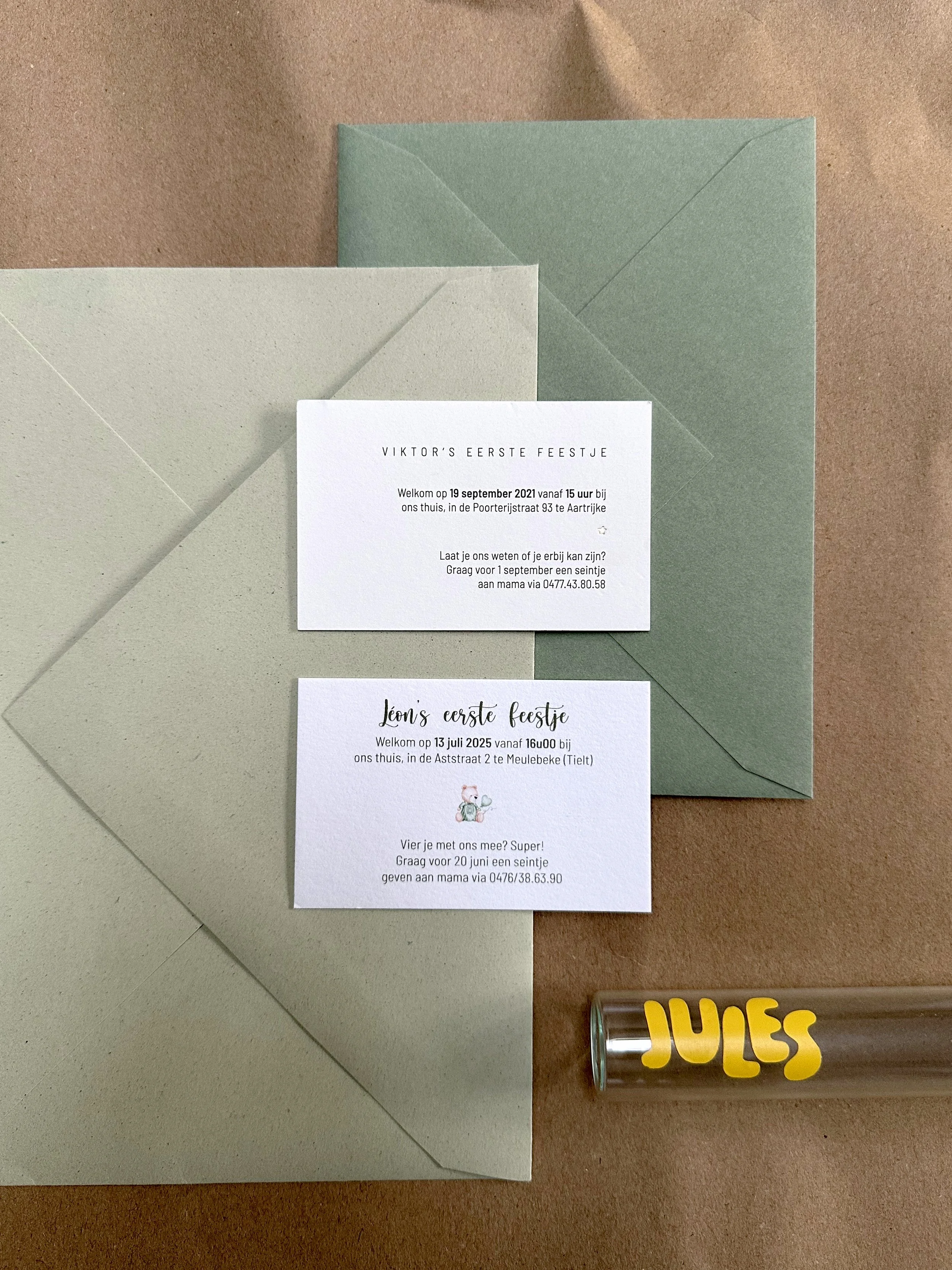 Enveloppen, doopsuiker verpakking, babyborrel kaartjes.