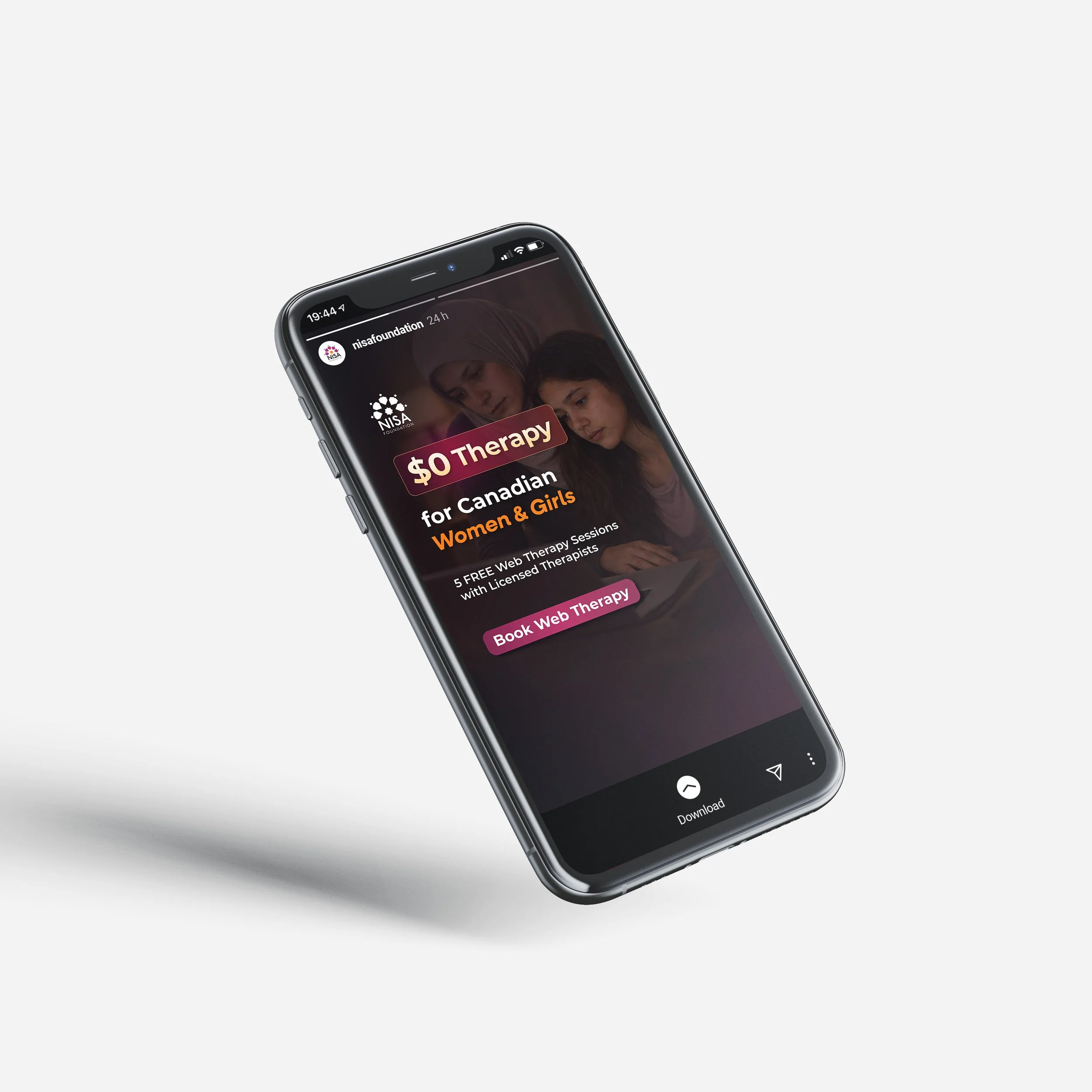 Close-up of a smartphone screen displaying NISA Foundation webpage about web therapy for women and girls