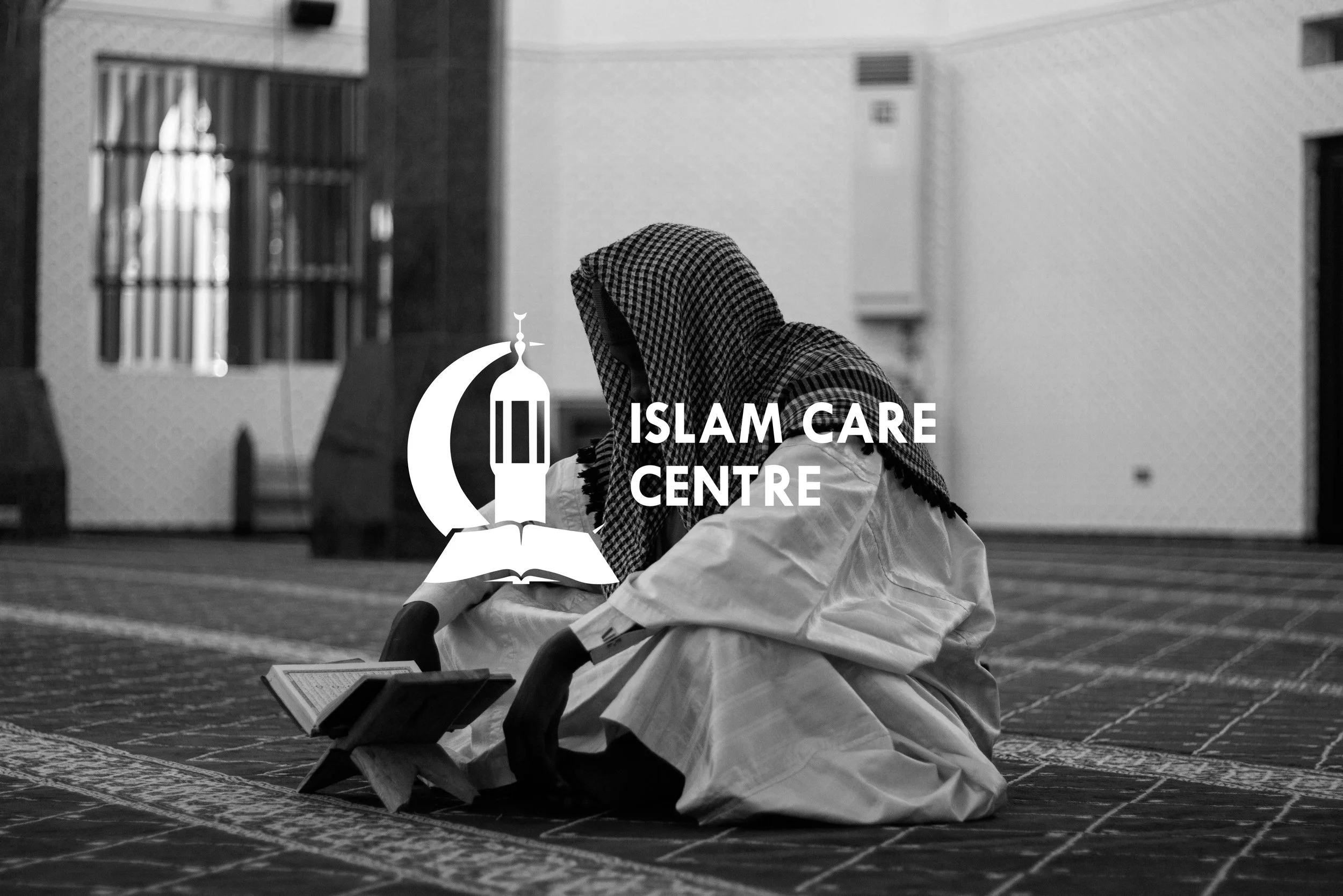 A muslim youth inside a mosque, reading a Quran. Overlaid with the logo and text for Islam Care Centre.