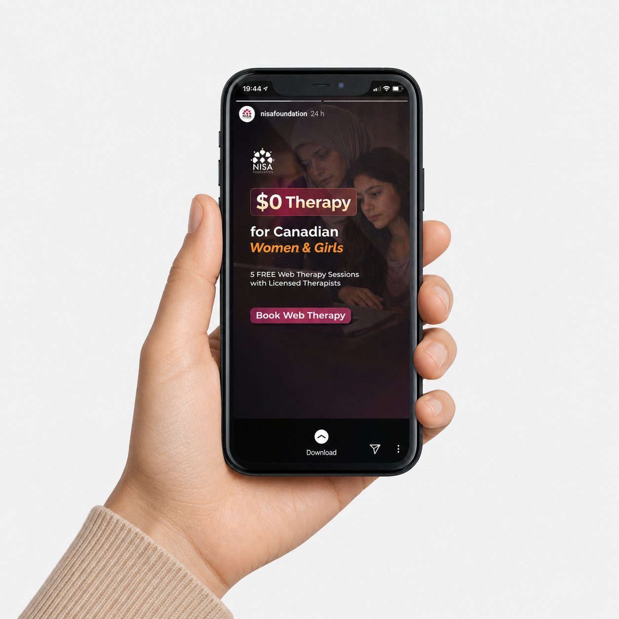 A person holding a smartphone displaying an advertisement for free web therapy sessions for Canadian women and girls, with a background image of women and girls.