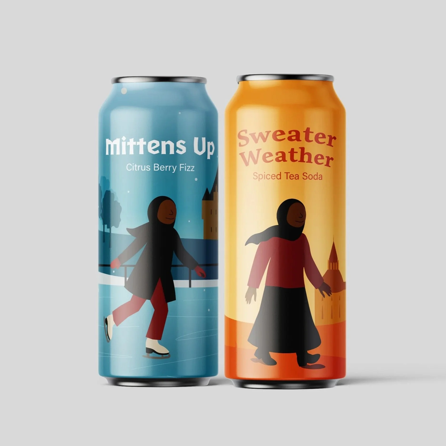 Two colorful cans of soda with illustrated characters on the labels. The left can is blue and labeled 'Mittens Up Citrus Berry Fizz' with a girl skating. The right can is orange and labelled 'Sweater Weather' with a girl walking.
