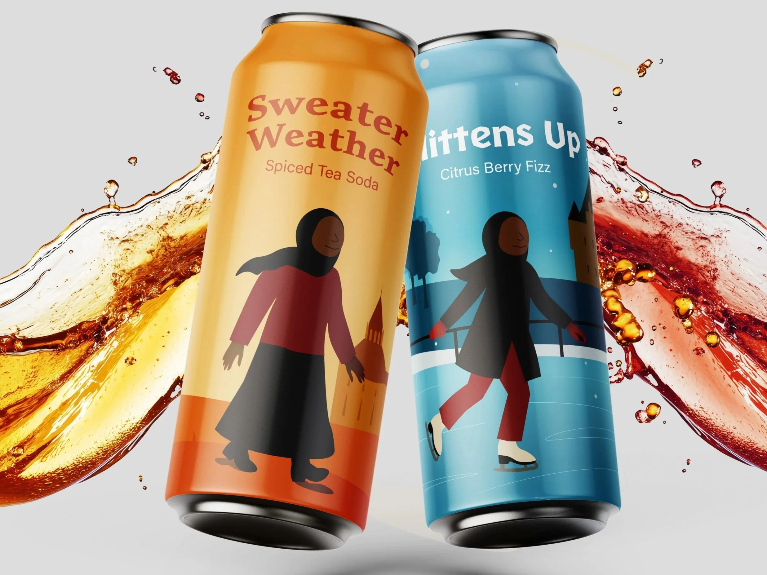 Cans of soda labeled "Sweater Weather" and "Kittens Up" with illustrations of women skating and walking, set against a splash of beverage.