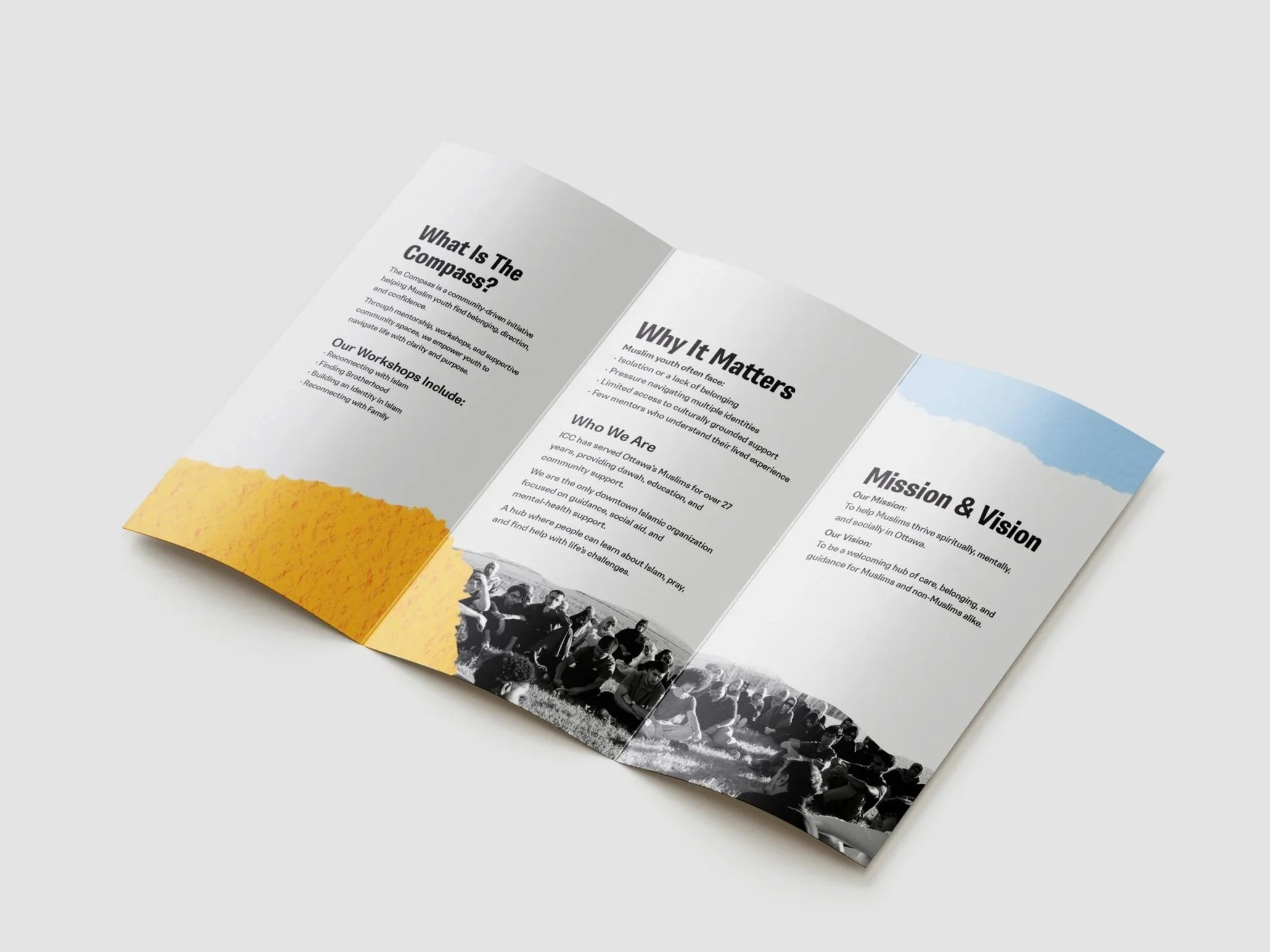 Open brochure with information about The Compass community initiative, including its mission, vision, workshops, and community support efforts.