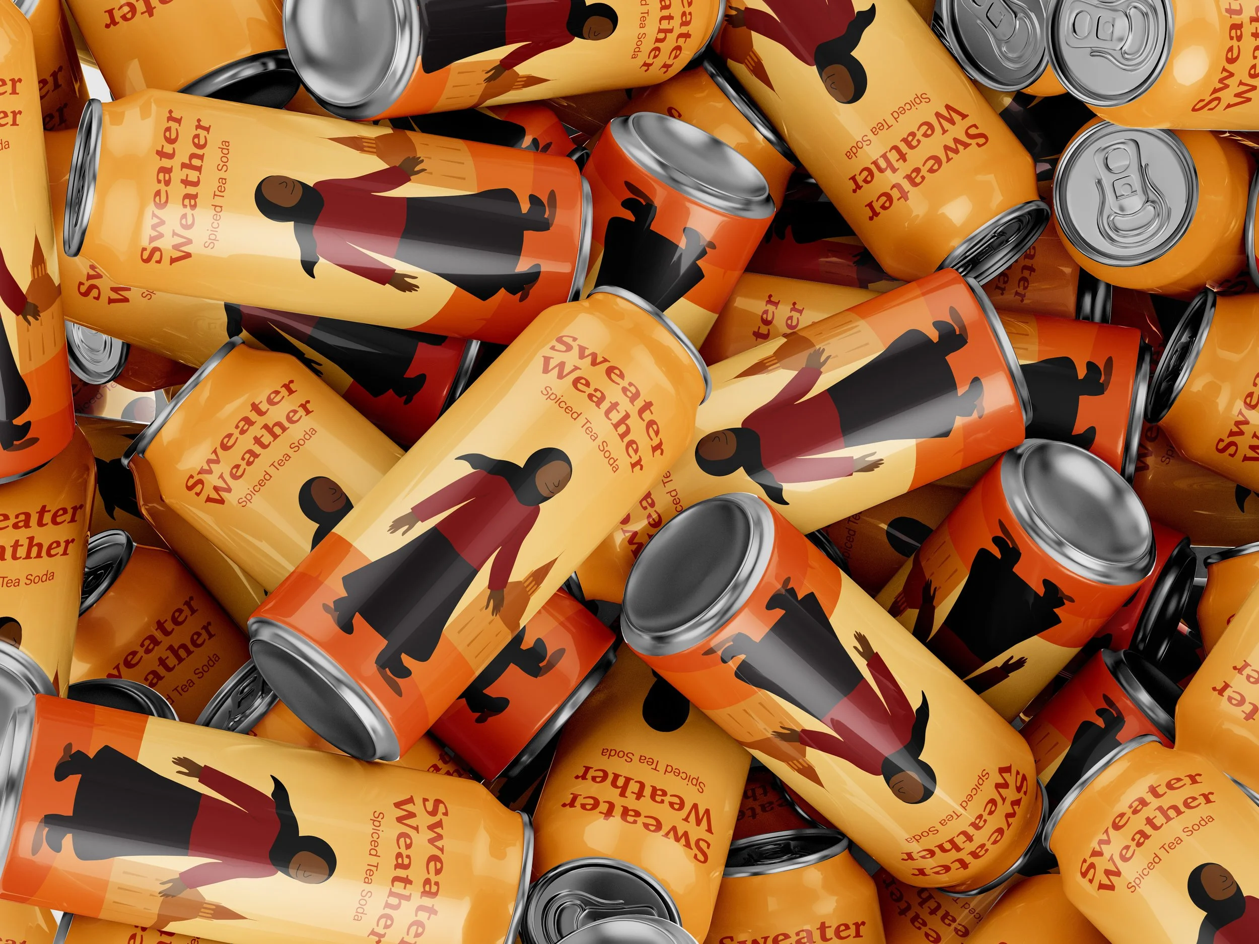 A pile of cans of Sweater Weather spiced tea soda with orange and beige labels featuring an illustration of a woman in a red top and black skirt.