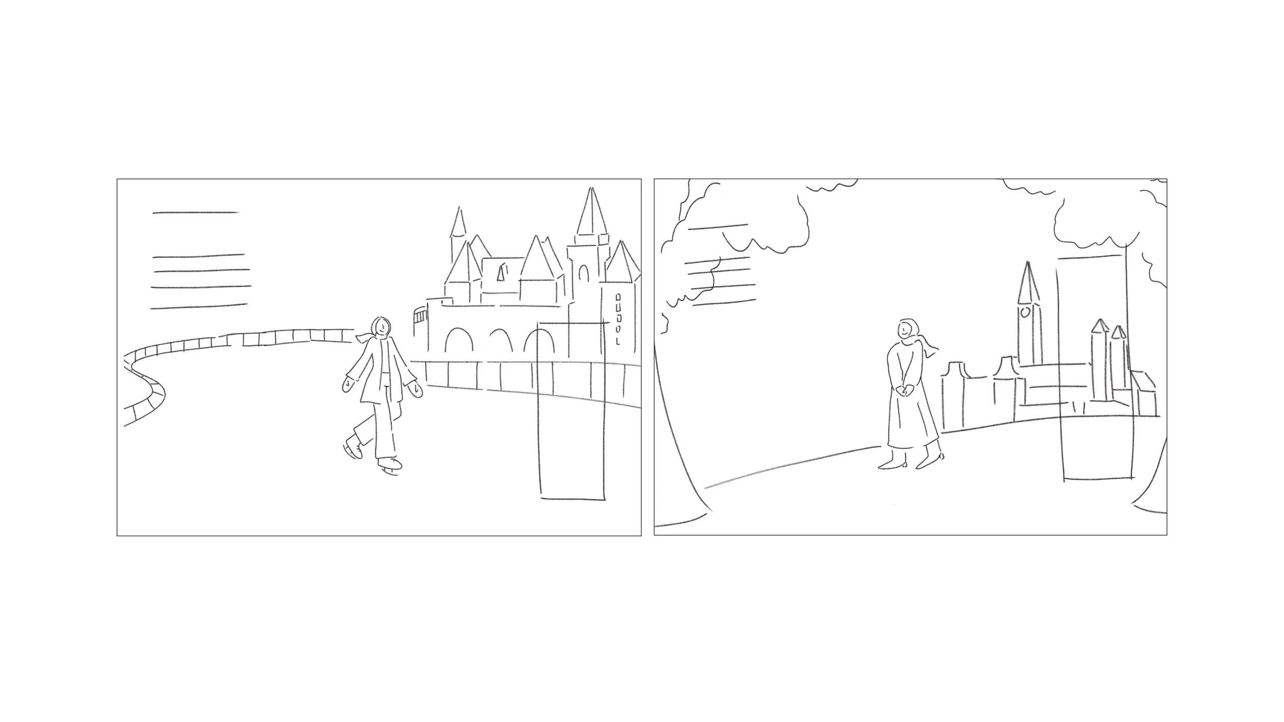 Two sketches of a Muslim girl walking near a hotel and a parliament building, trees, and clouds in the background.