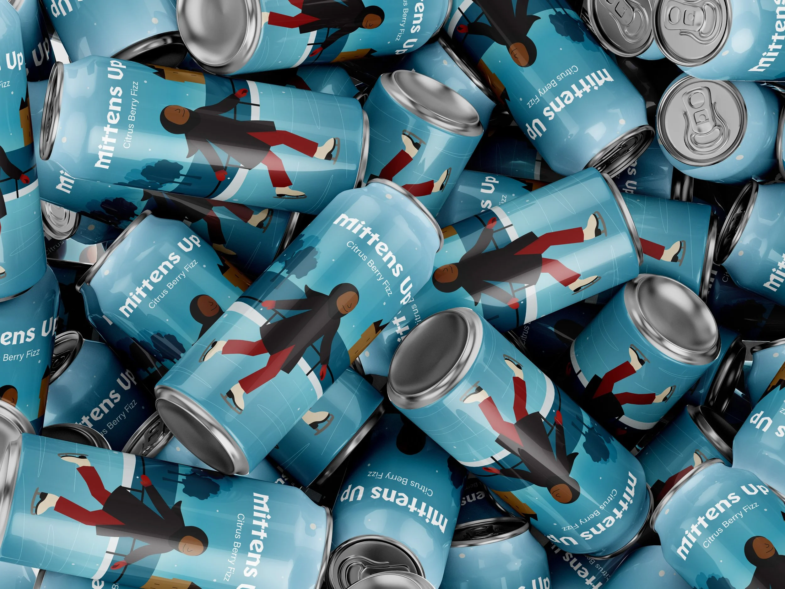 A pile of cans labeled 'Mittens Up,' Citrus Berry Fizz, with a cartoon illustration of a person in a black coat, red pants, and beige shoes walking outdoors with trees in the background.