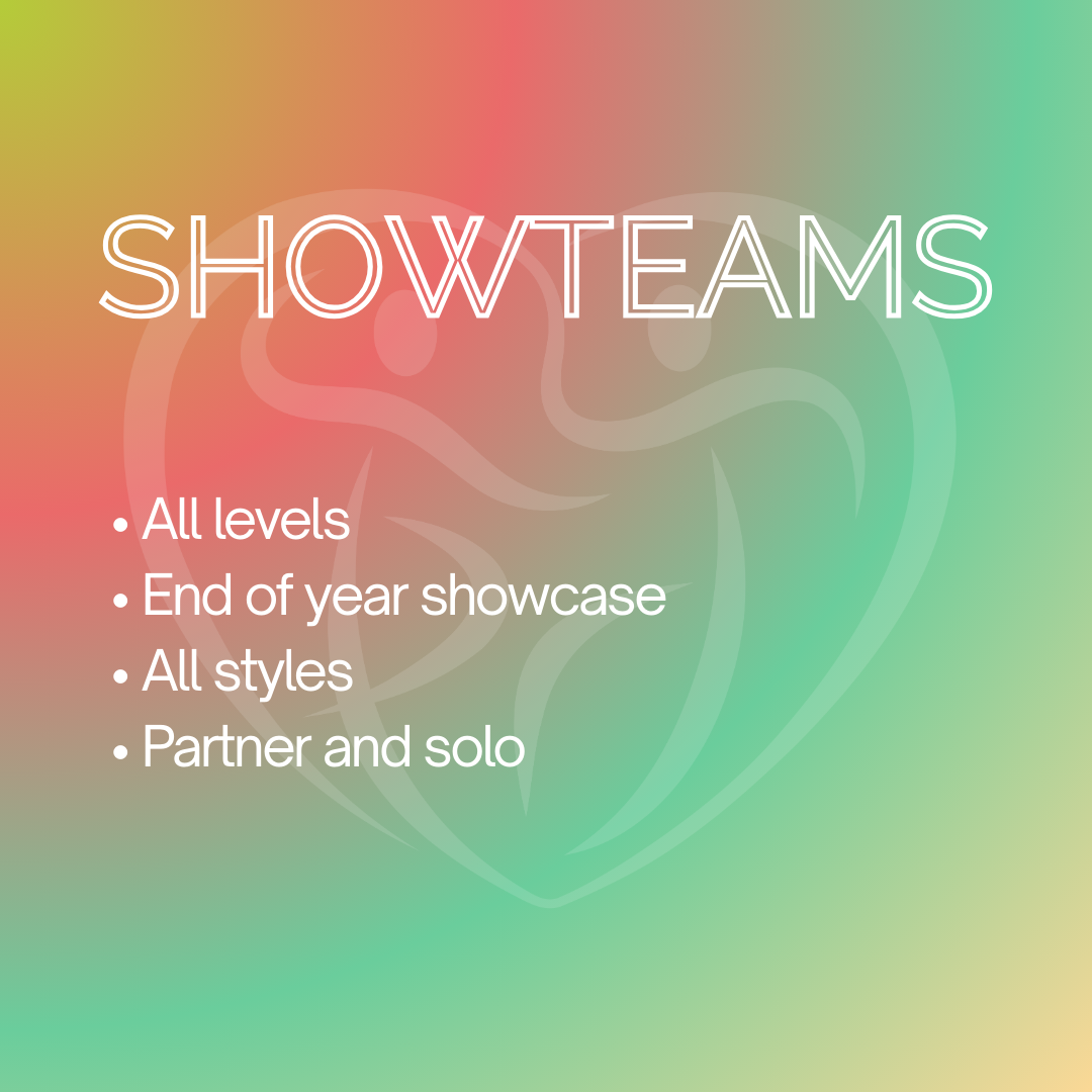 Graphic for Showteams featuring schedule and styles, with a gradient background and a faint outline of a heart and rose.