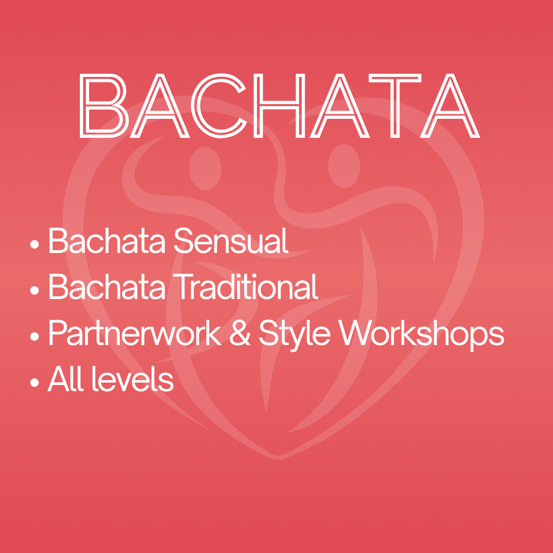 Pink promotional poster for a bachata dance event featuring dance styles, workshops, and suitable for all levels.
