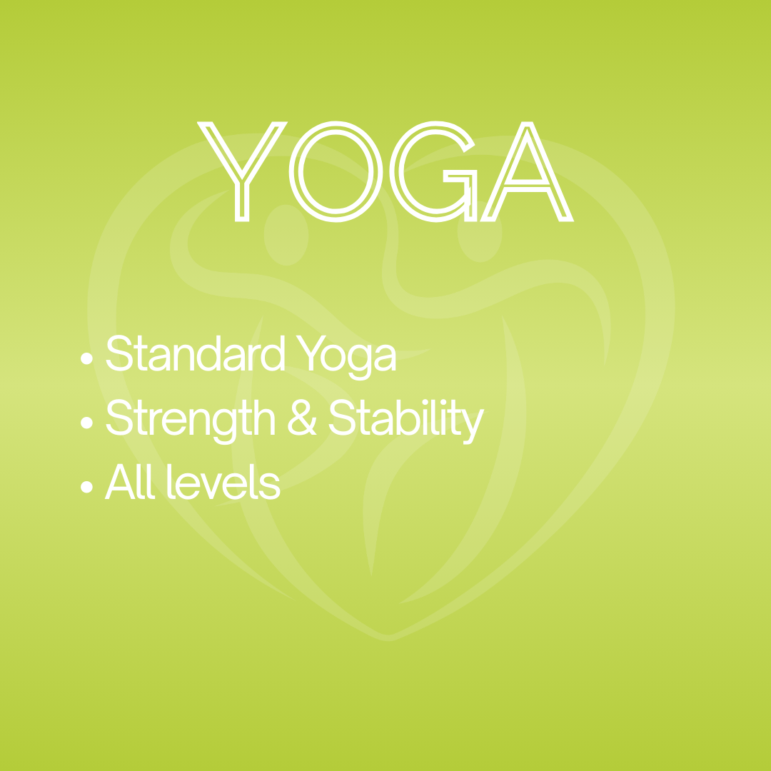 Green poster advertising yoga classes, mentioning standard yoga, strength and stability, for all levels.