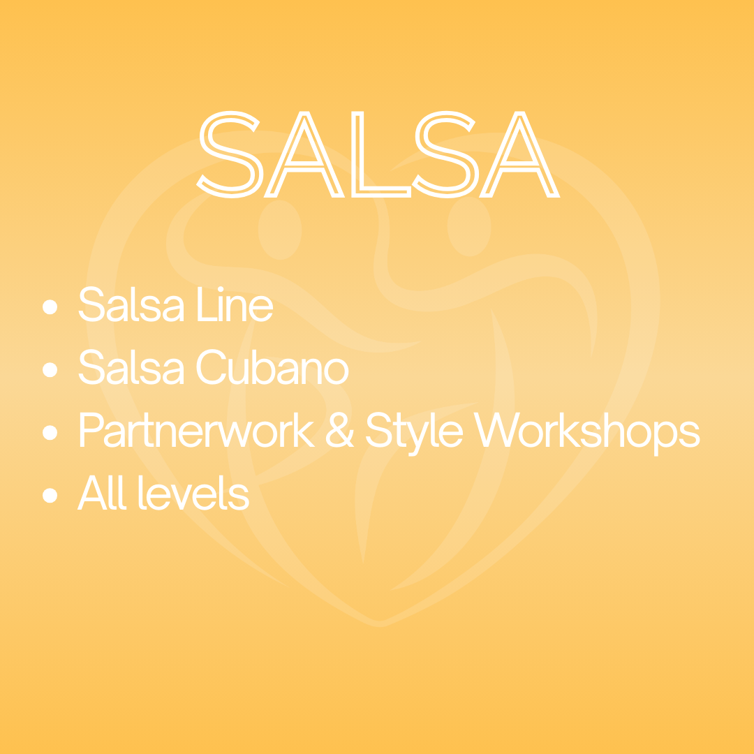 A promotional poster with a yellow background and white text advertising salsa dance classes, including Salsa Line, Salsa Cubano, Partnerwork & Style Workshops, suitable for all levels.