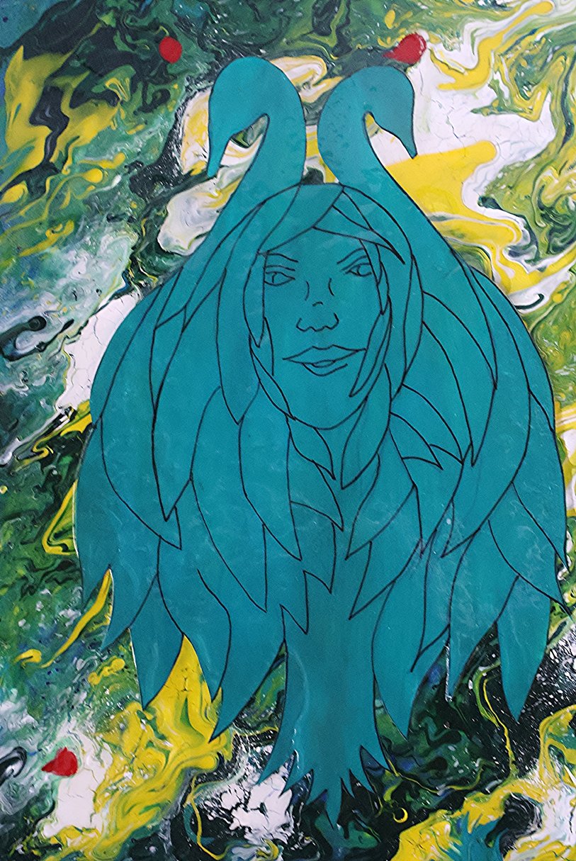Line drawing of a woman with long hair, set against an abstract, swirling green, yellow, black, and white background with small red dots.