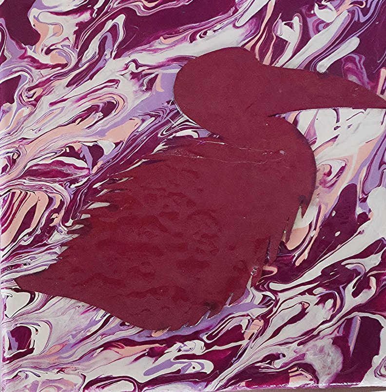 A marbled background with swirls of purple, white, and pink, and a silhouette of a bird, possibly a swan or duck, in dark red overlay.