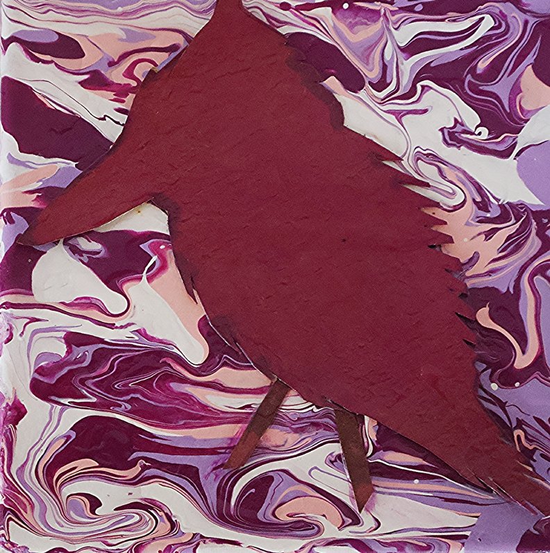 Art project depicting a bird shape made of cut paper on a purple and pink marbled background.