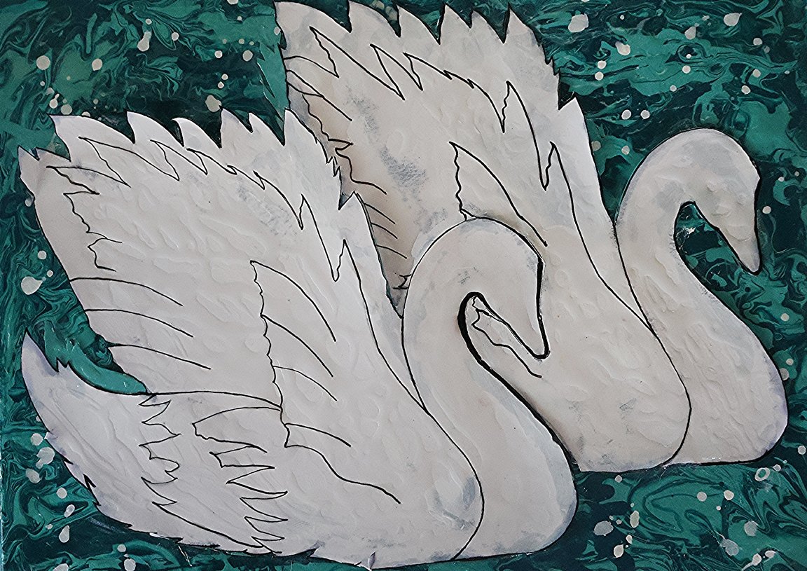Two white swans on a dark blue-green background with white spots and swirling water patterns.