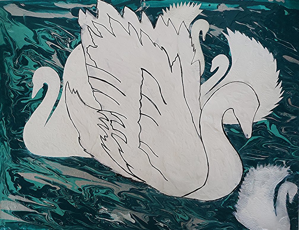 White swans swimming in dark teal water with abstract swirling patterns.