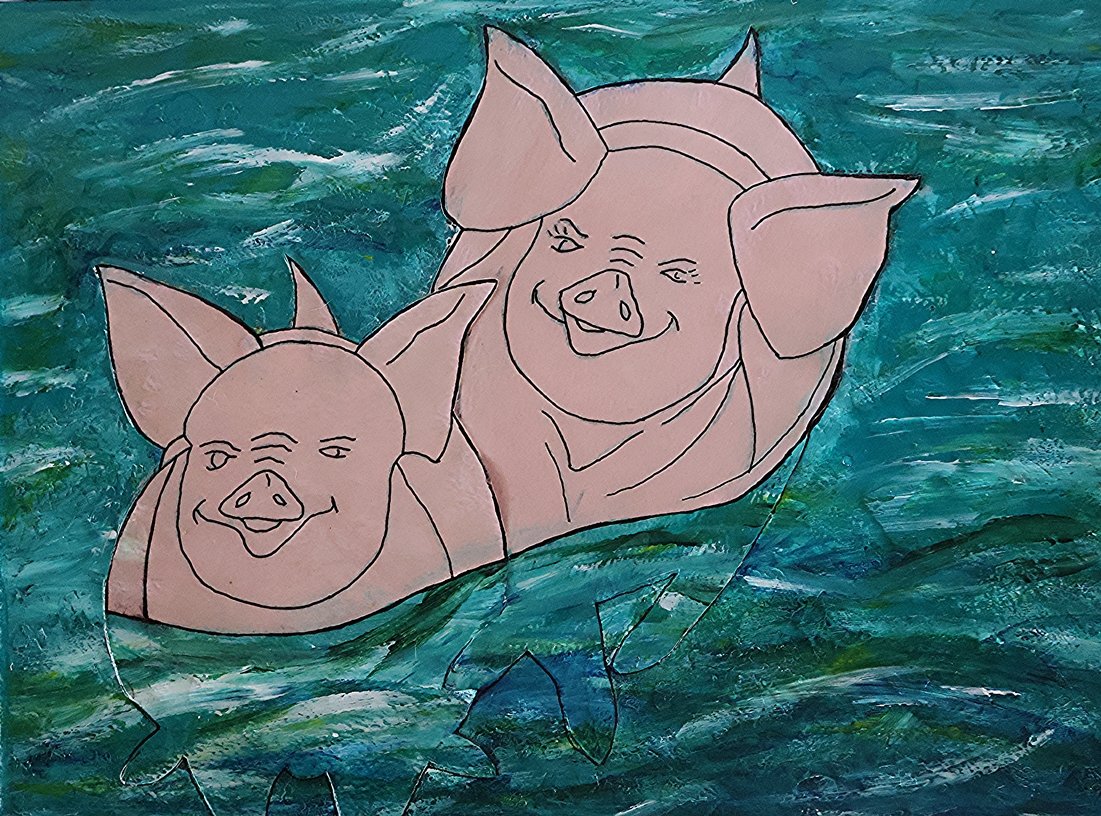 Drawing of two smiling pig faces with large ears, outlined in black, on a textured blue-green painted background.