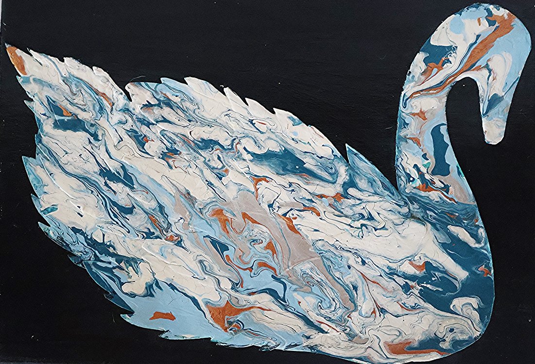 Abstract painting of a swan with swirling blue, white, and brown colors on a black background.