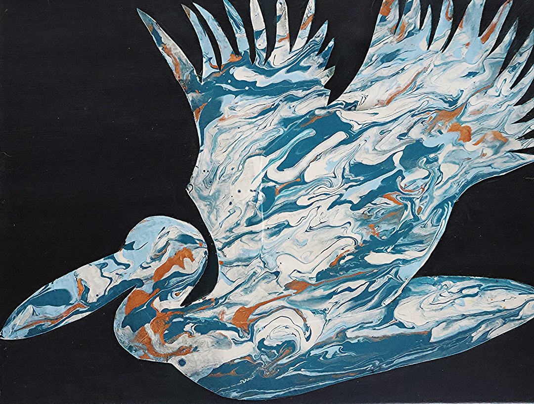 Abstract painting of a bird in flight, created with swirling blue, white, and brown colors on a black background.