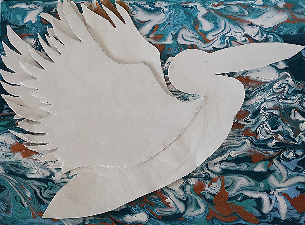 White cutout of a swan with open wings on a swirling blue and brown marbled background.