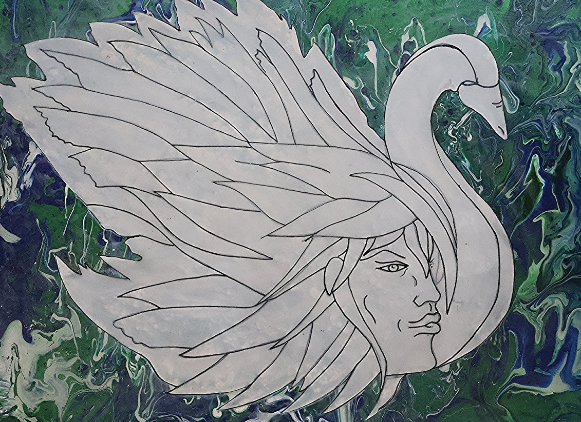Line drawing of a woman with long, flowing hair and a swan neck, set against a colorful, abstract background.