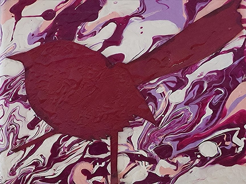 A painting of a bird with a round body and a pointed beak, painted in shades of red and pink with a textured surface, set against a swirled background of purple, white, and pink colors.