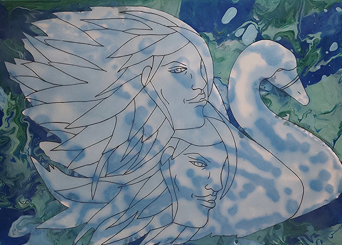 Artistic illustration of three women’s faces, one with a feathered headdress, and a swan, set against a swirling blue and green background.