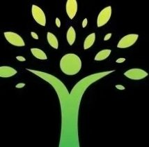 A stylized tree with green leaves and a person silhouette at the center, set against a black background.