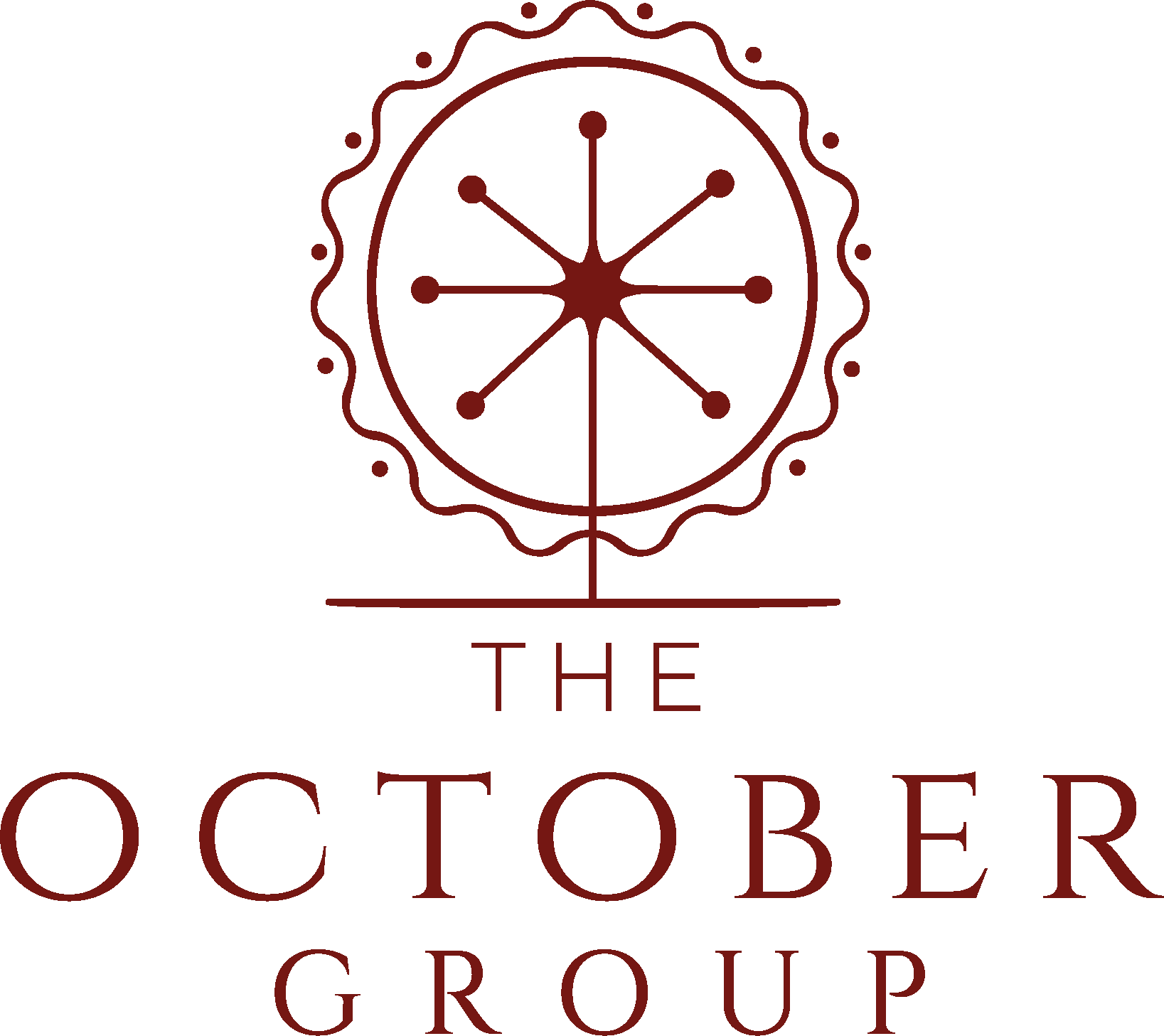 A logo for the October Group featuring a circular design with a stylized starburst or compass rose in the center, surrounded by a wavy outline, with the words 'THE OCTOBER GROUP' below in large, capital letters.