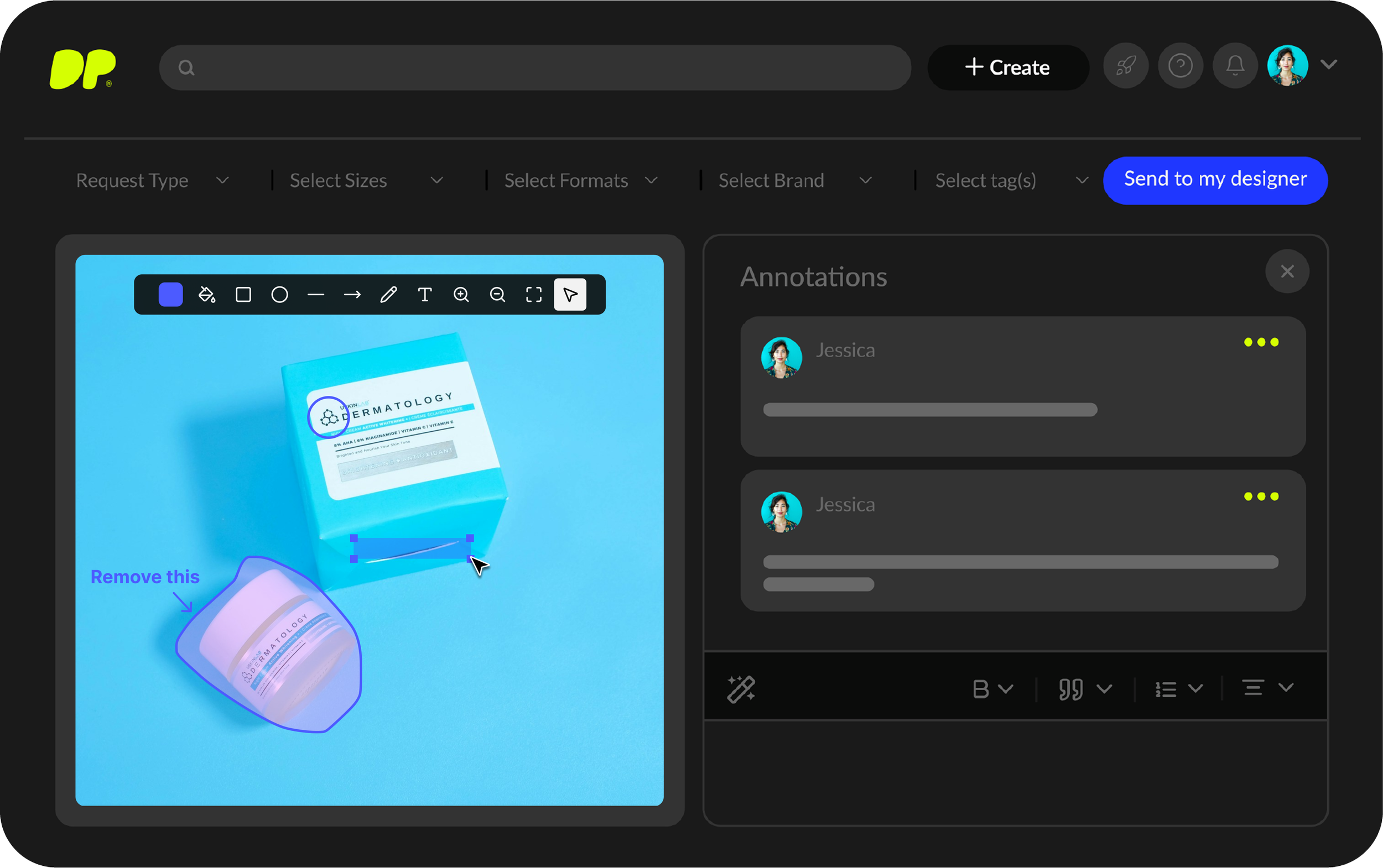 Full markup interface with toolbar, annotated asset, and comments panel