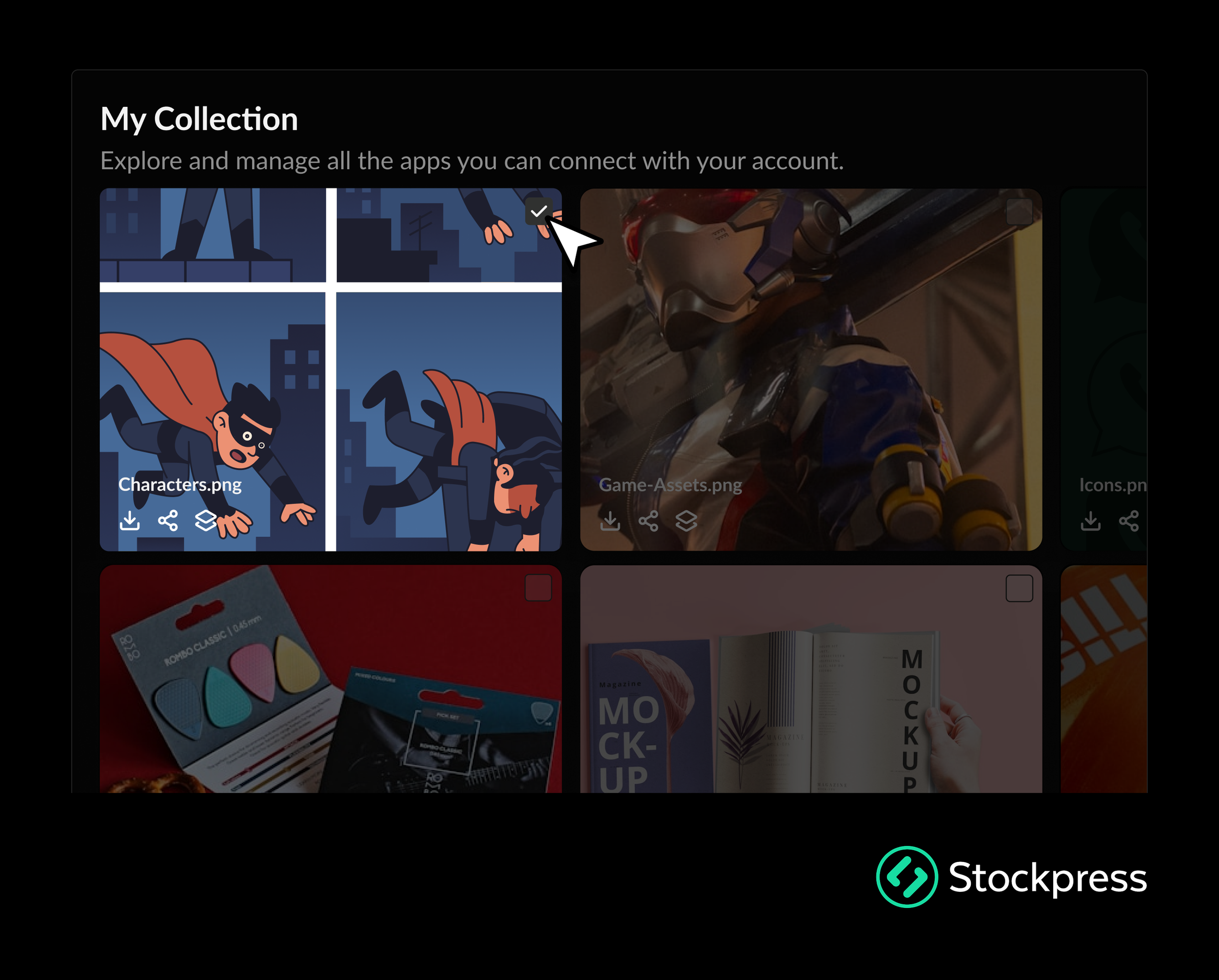 Screenshot of a digital app interface titled 'My Collection' showing various images of digital assets, including illustrated superheroes, a collectible action figure, and mockup books, with options to download, share, or organize the assets.