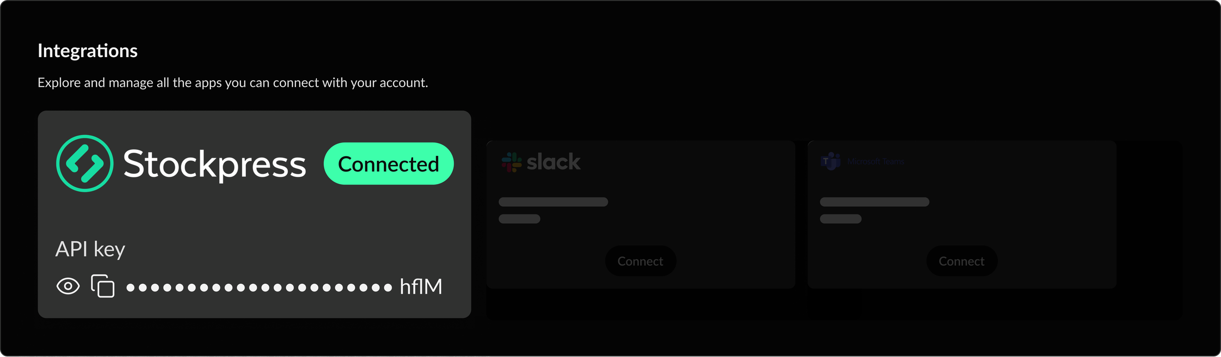 Screenshot of the Stockpress app connected to Slack, showing the API key section with a hidden key, and part of the app interface with a connect button.