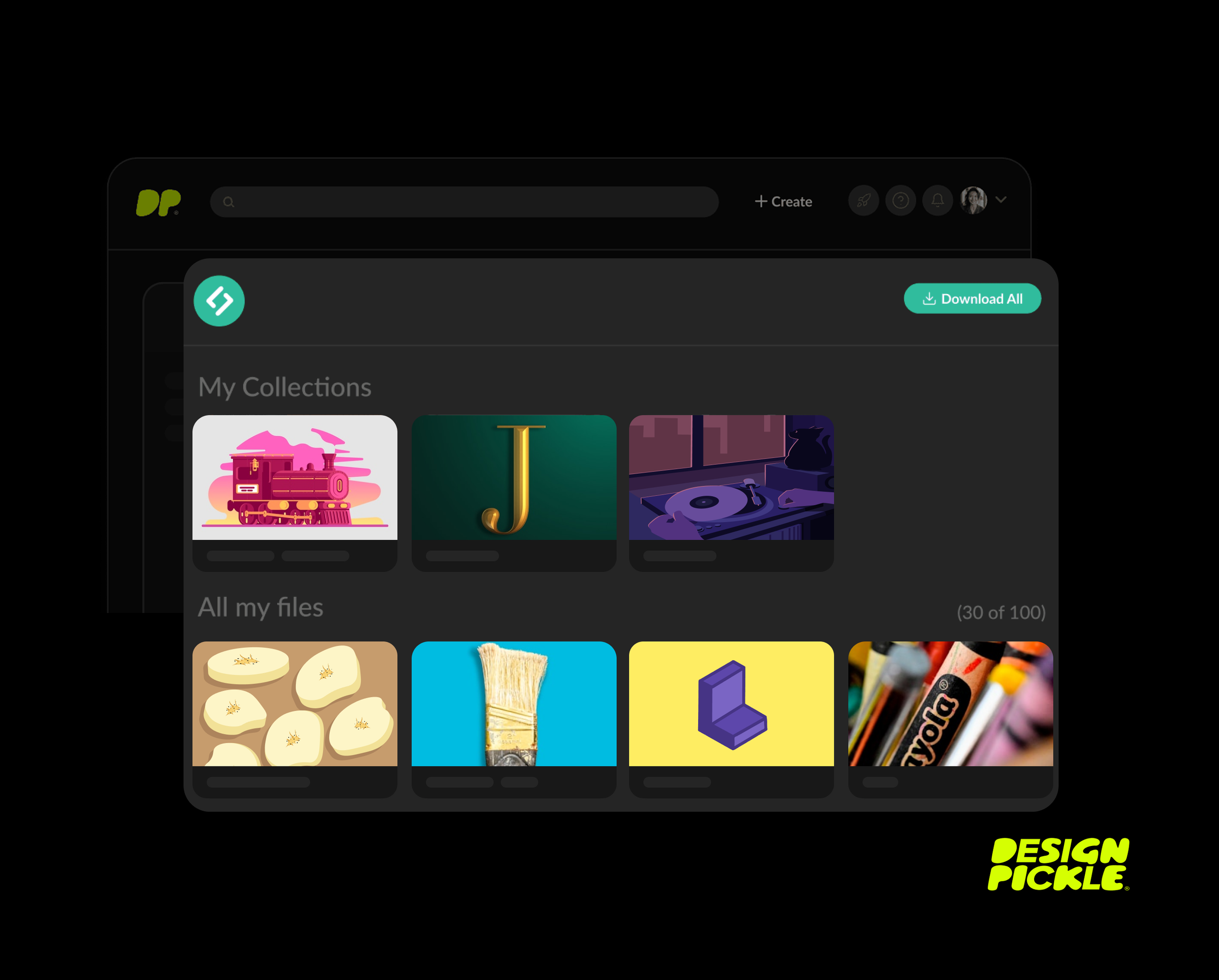 A digital interface displaying collections and files with icons of a pink train, a gold letter J, a vinyl turntable, and various other images, with a "Download All" button in the top right corner and a "Design Pickle" logo in the bottom right.