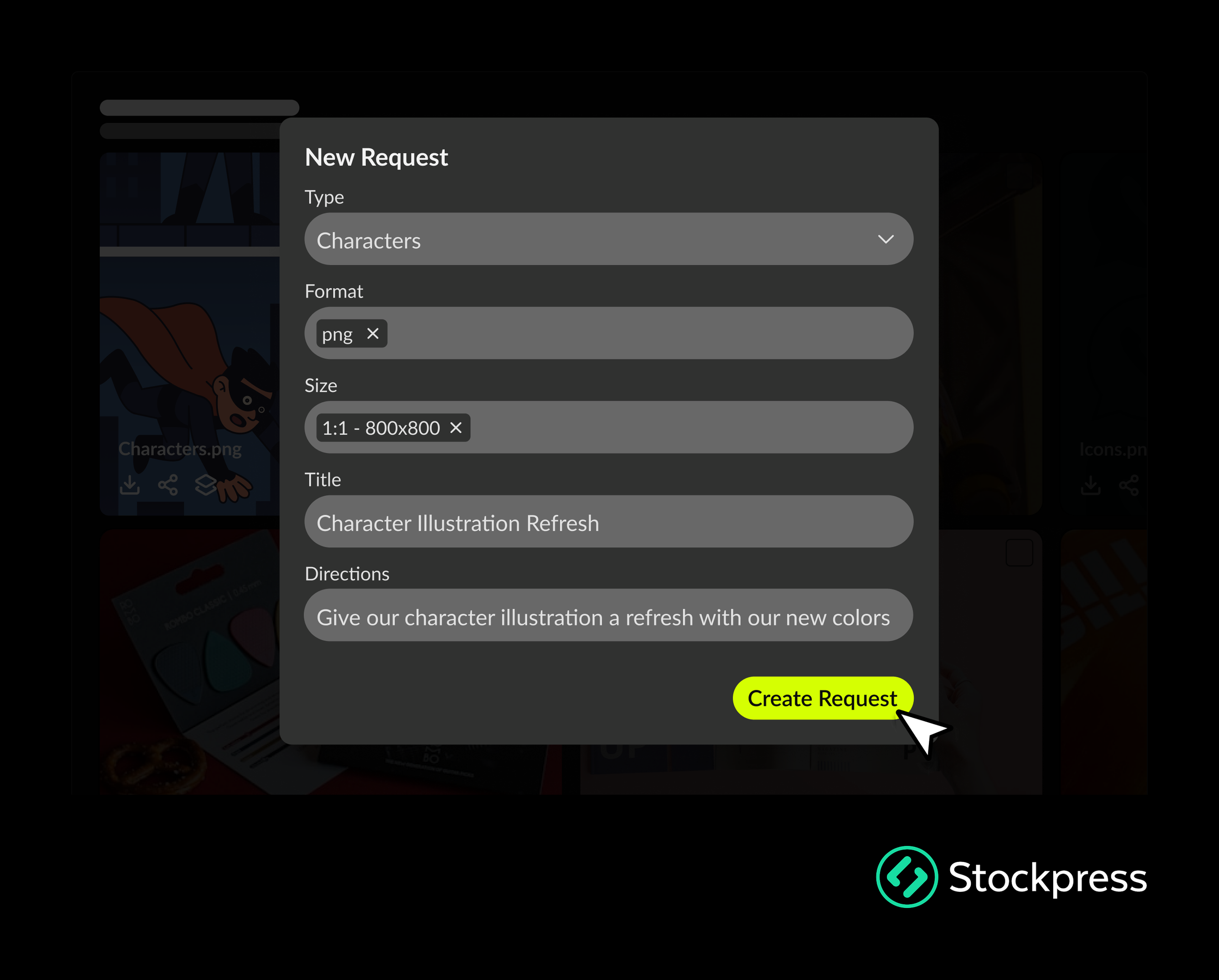 Screenshot of a digital form titled 'New Request' with fields for character request details, including type, format, size, title, and directions. A yellow-green button labeled 'Create Request' is being clicked.