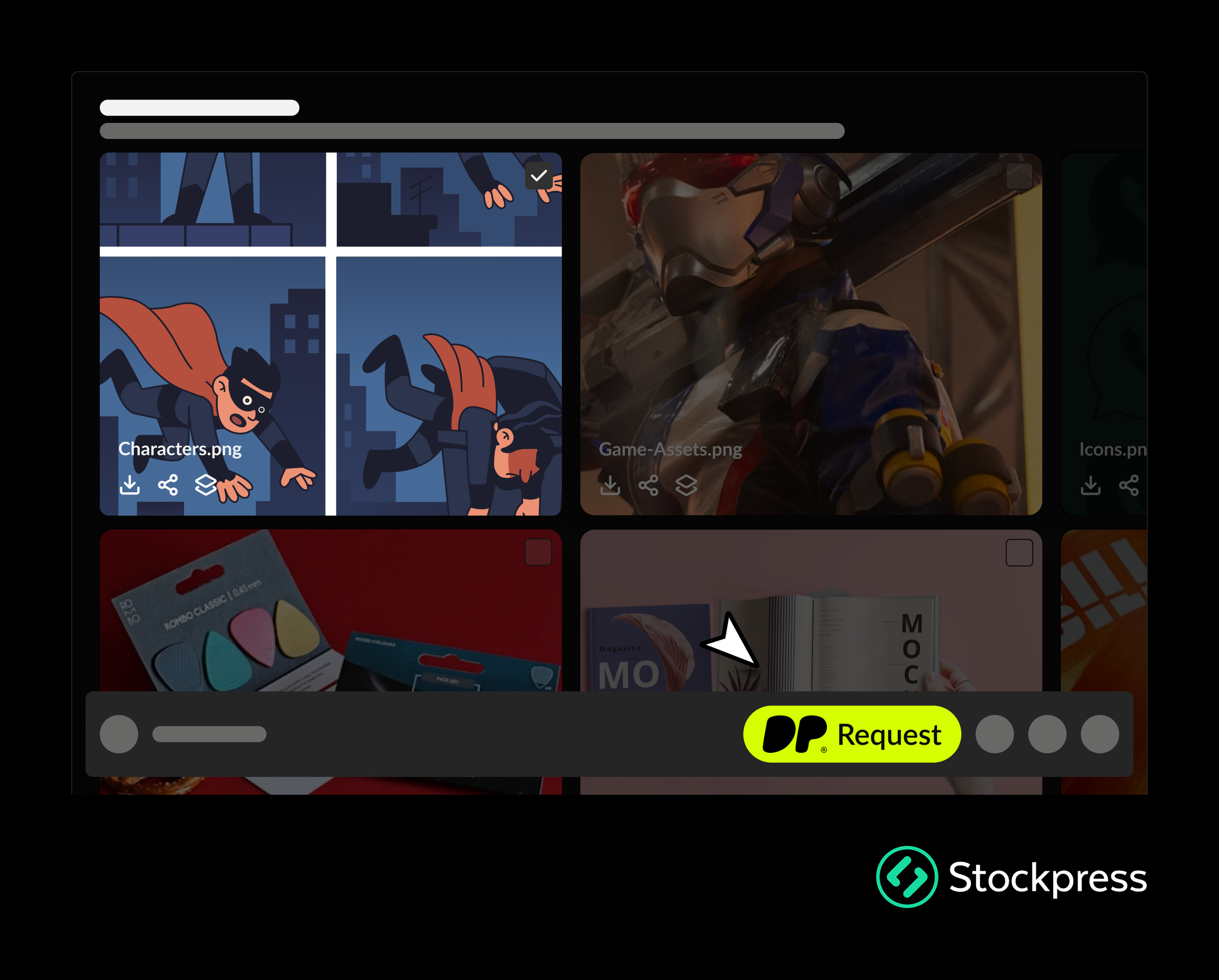 Screenshot of digital art thumbnails on a device, featuring characters, game assets, home decor, and magazine images.
