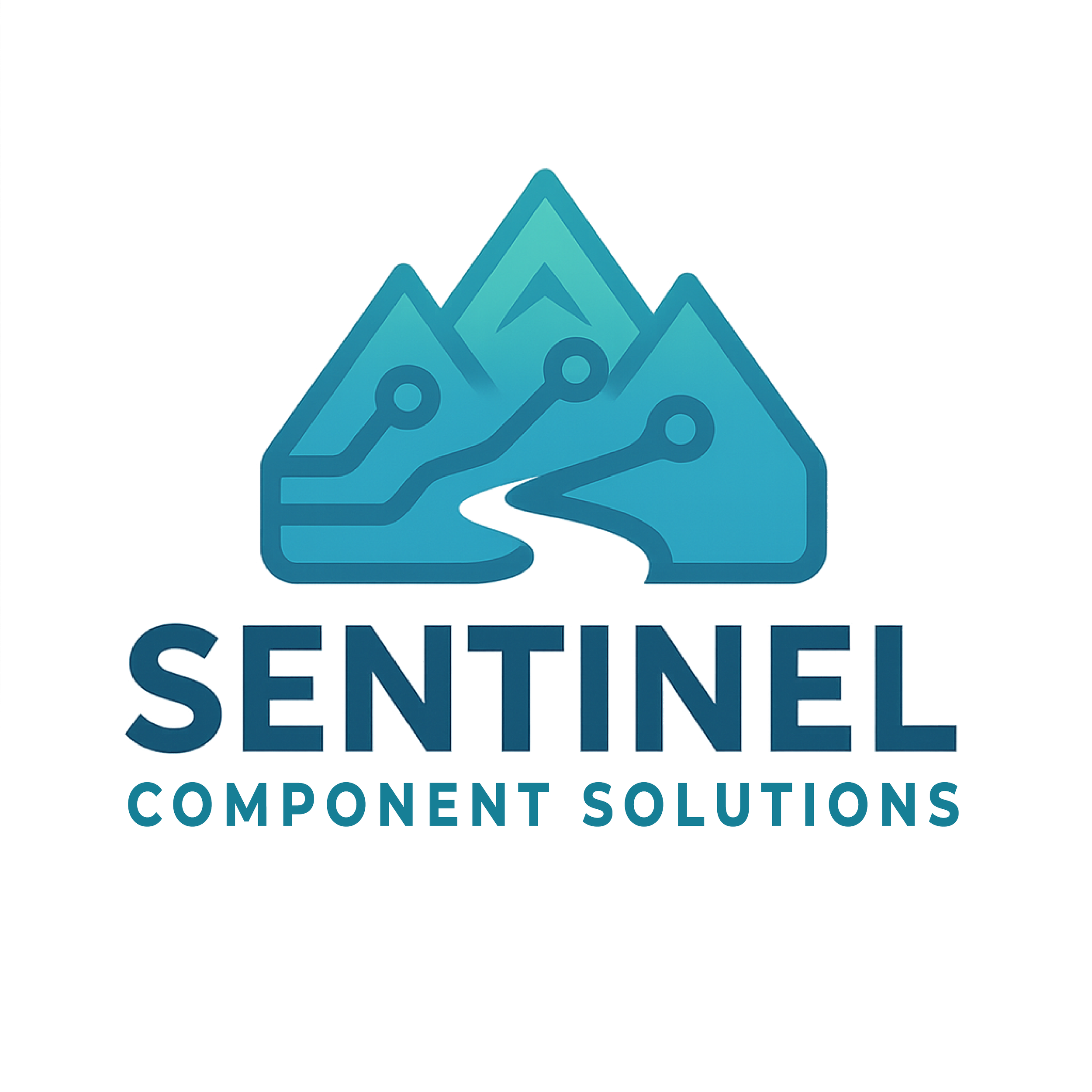 Logo for Sentinel Component Solutions featuring a stylized mountain range with circuit-like lines, and the company name in bold blue text.