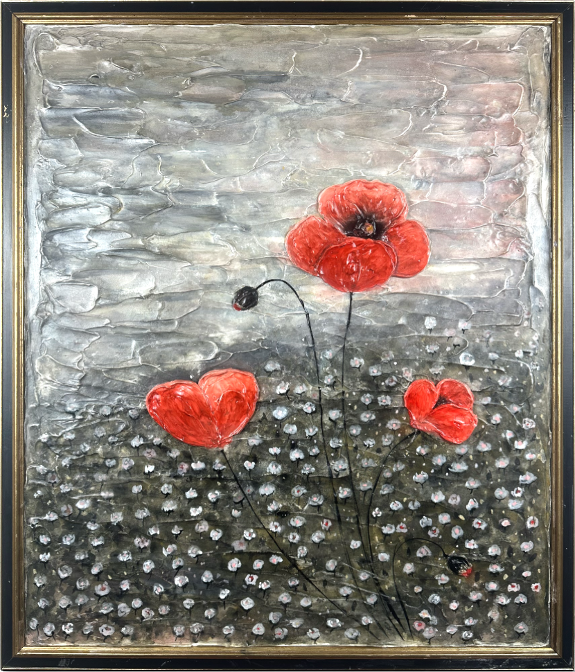A textured painting of four red poppies with black centers on dark stems, among small white flowers, set against a gray background.