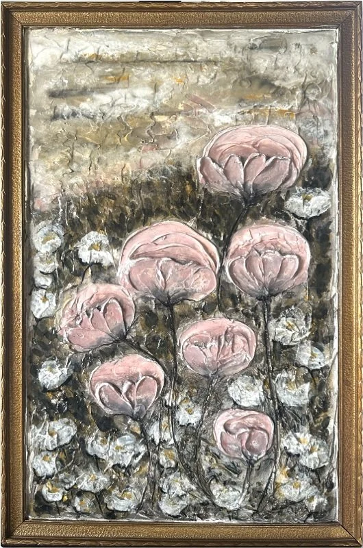 Painting of pink roses and white flowers on dark background in a gold frame.