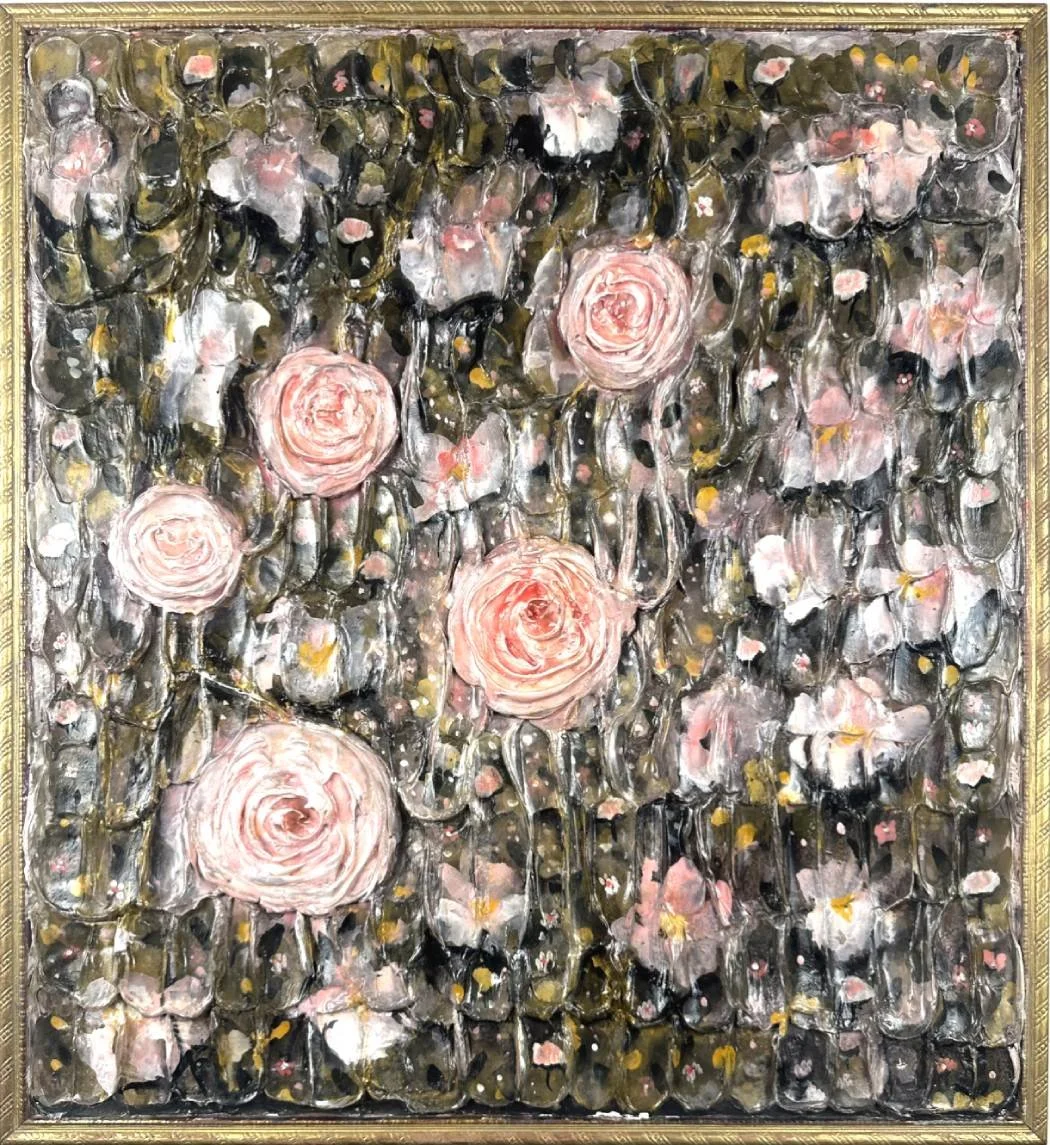 Abstract floral painting with pink roses and green leaves on a textured background.