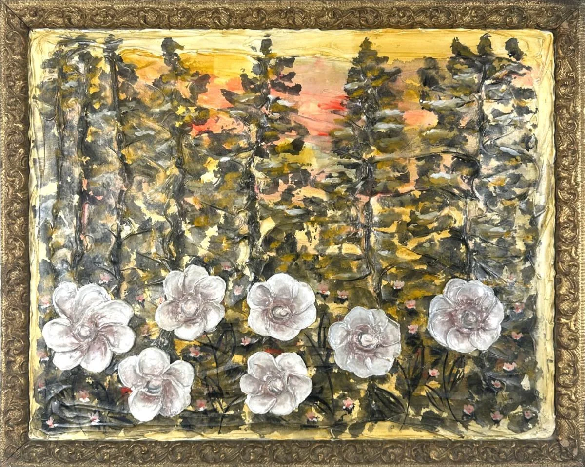 Painting of tall trees with dark green leaves against a sunset sky, foreground features large white flowers with dark stems, surrounded by smaller pink flowers, all framed by an ornate gold frame.