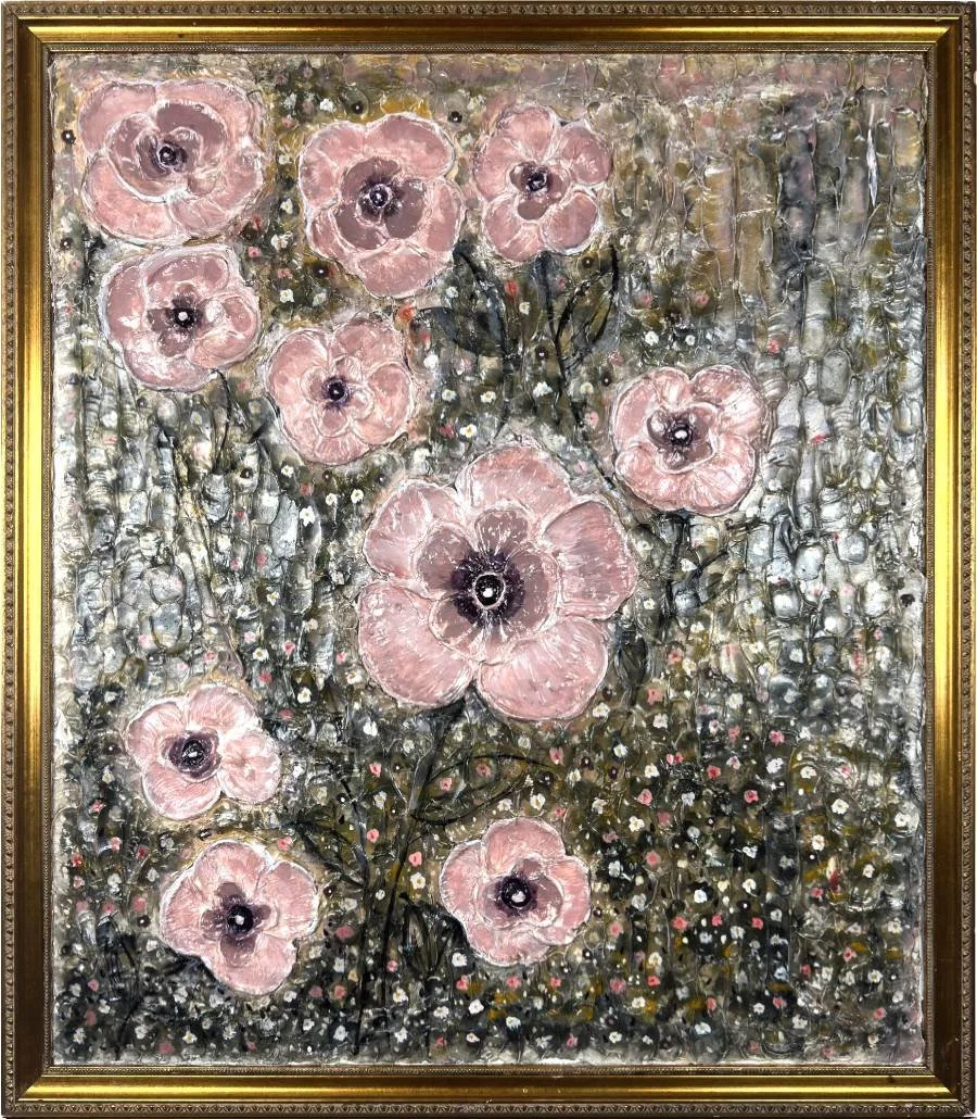 A painting of pink flowers with dark centers and black stems on a textured silver background, framed in gold.
