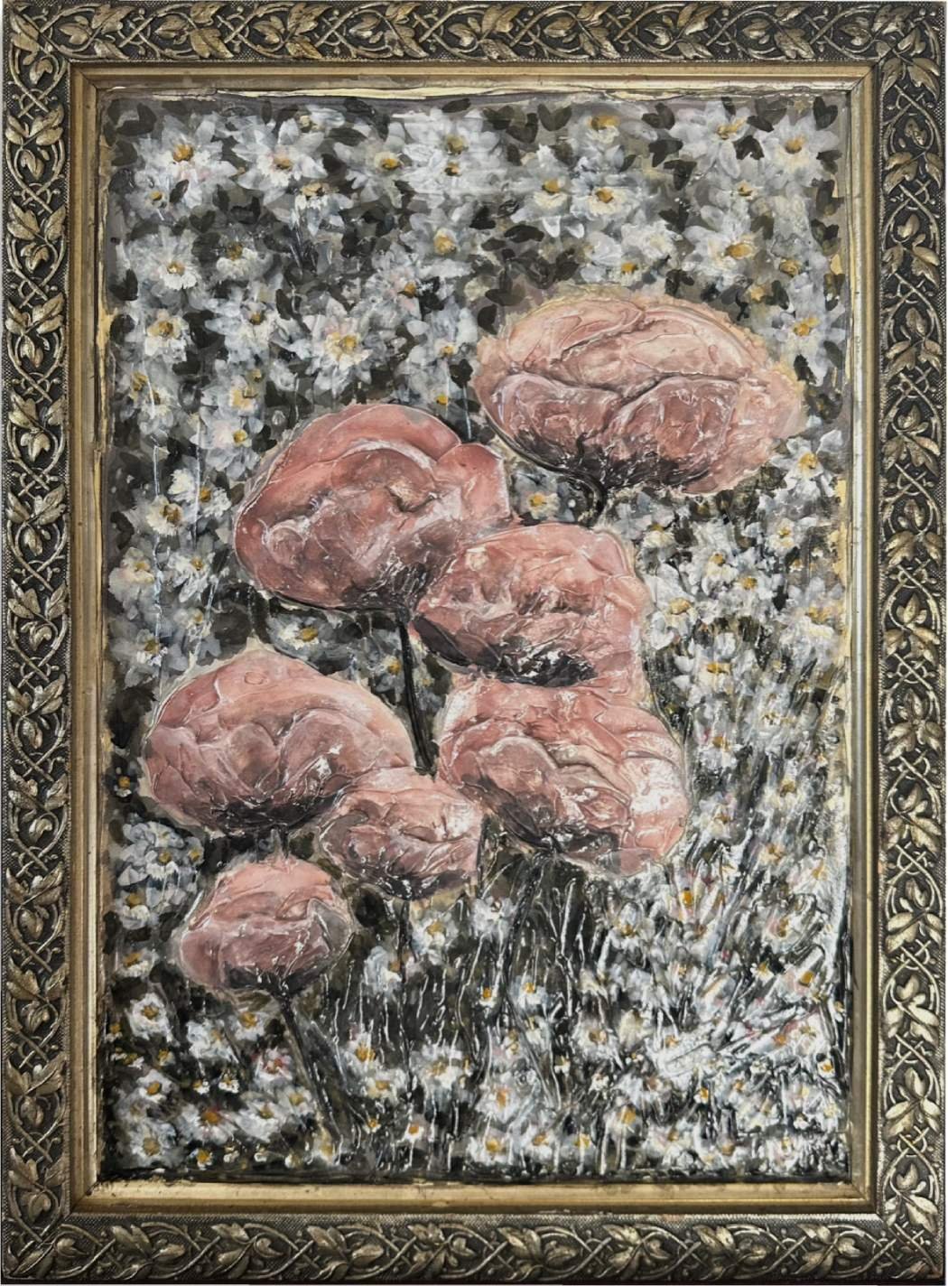 A framed painting of pink mushrooms with dark stems among white flowers and green foliage.