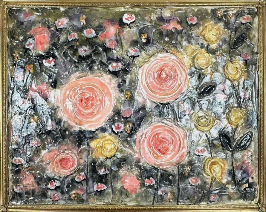Abstract floral painting with pink roses, yellow flowers, and dark leaves enclosed in a gold ornate frame.