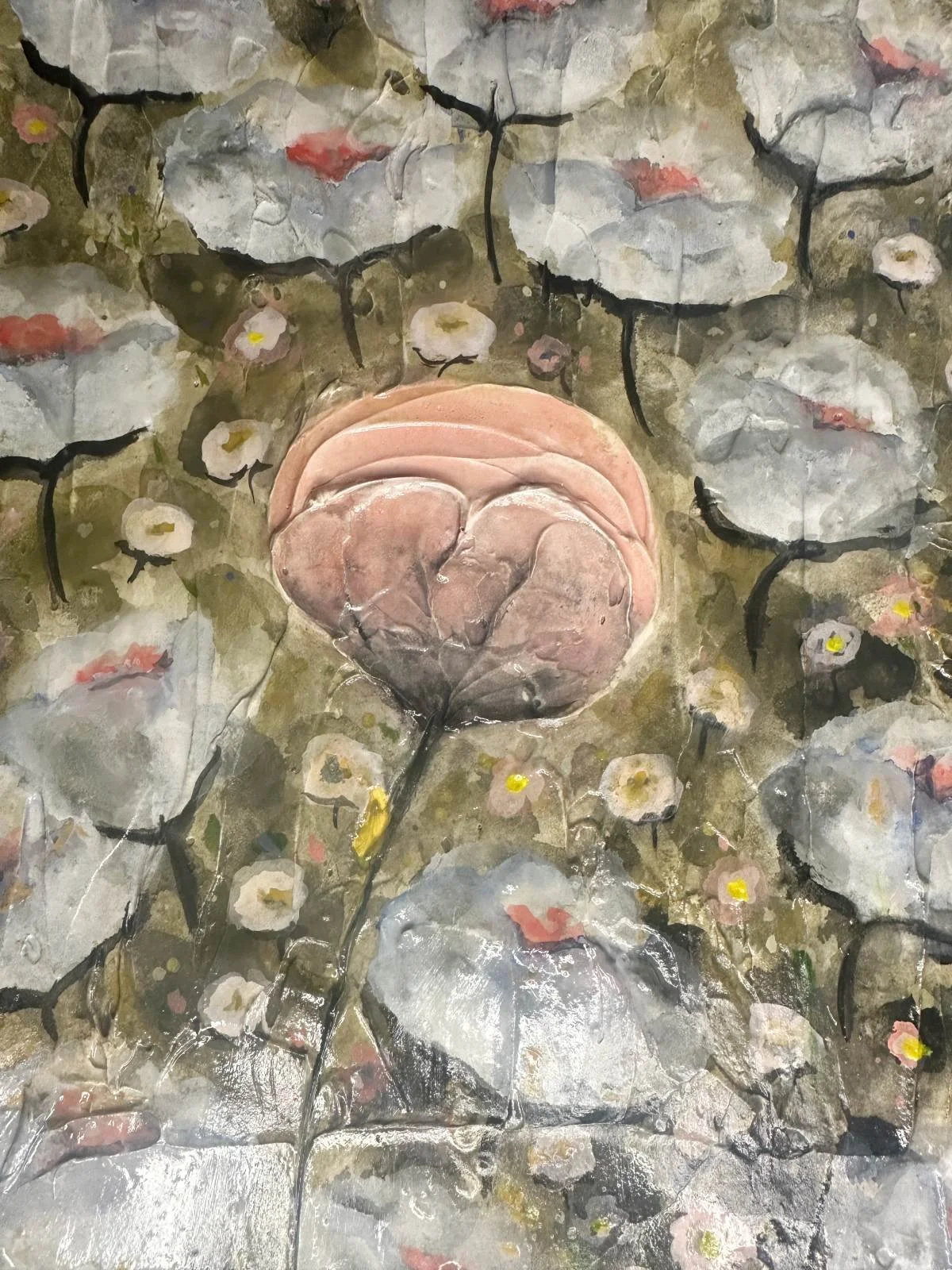 Abstract painting of pink lotus flowers and green leaves with dark stems, painted with textured, layered brushstrokes.