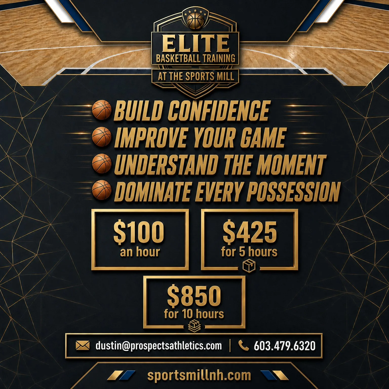 Promotional flyer for elite basketball training at Sports Mill highlighting prices: $100 per hour, $425 for 5 hours, and $850 for 10 hours, with contact information including email and phone number.